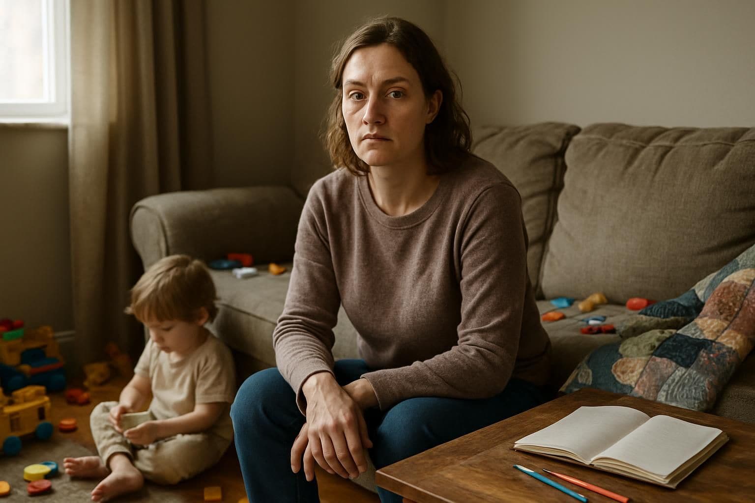 A tired but determined mother sits on a sofa in a cluttered living room, watching her child play. A tired but determined mother sits on a sofa in a cluttered living room, watching her child play.