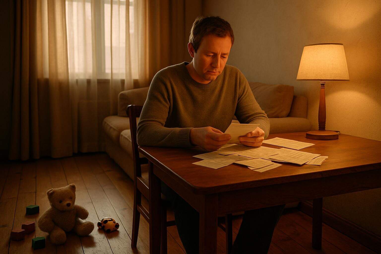 A parent sits in a cluttered living room, sorting through bills with a look of concern. A parent sits in a cluttered living room, sorting through bills with a look of concern.