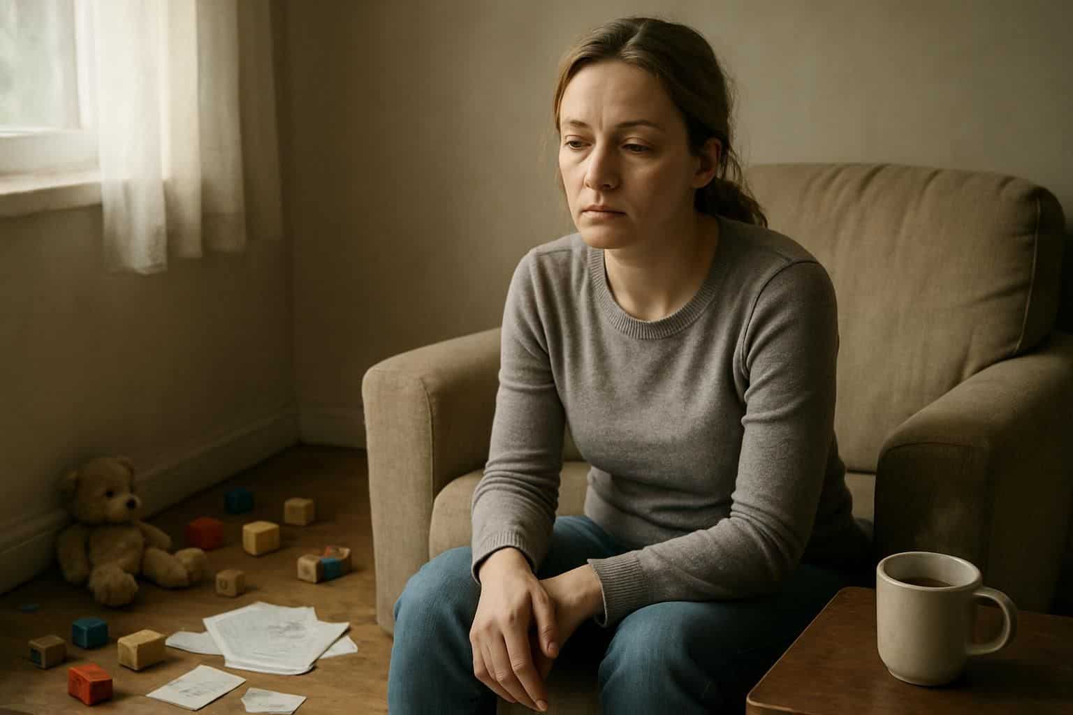 A tired mother sits on a worn armchair surrounded by children's toys and scattered papers. A tired mother sits on a worn armchair surrounded by children's toys and scattered papers.