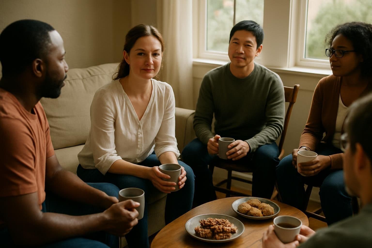 A group of parents discussing childcare cost-sharing and local programs in a warmly lit living room. A group of parents discussing childcare cost-sharing and local programs in a warmly lit living room.