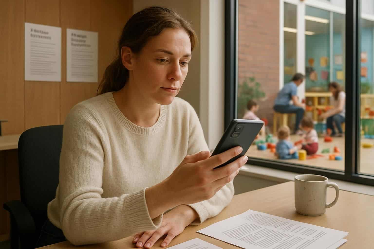 A working mother in a cozy office managing childcare and work responsibilities with a smartphone. A working mother in a cozy office managing childcare and work responsibilities with a smartphone.