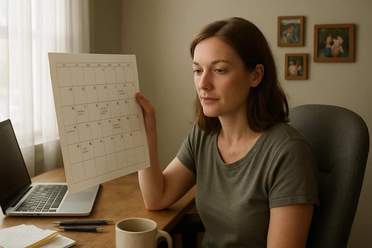 A woman in her mid-30s sits at a well-worn desk in a lived-in home office space. A woman in her mid-30s sits at a well-worn desk in a lived-in home office space.