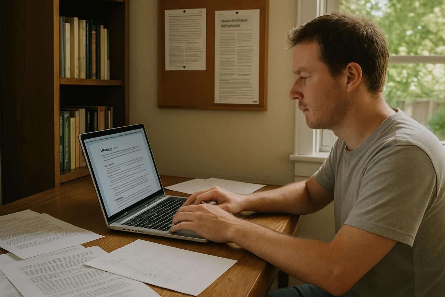 A cluttered home office desk with paperwork, a laptop displaying tax credit information, a bookshelf, and a cork bulletin board. A cluttered home office desk with paperwork, a laptop displaying tax credit information, a bookshelf, and a cork bulletin board.