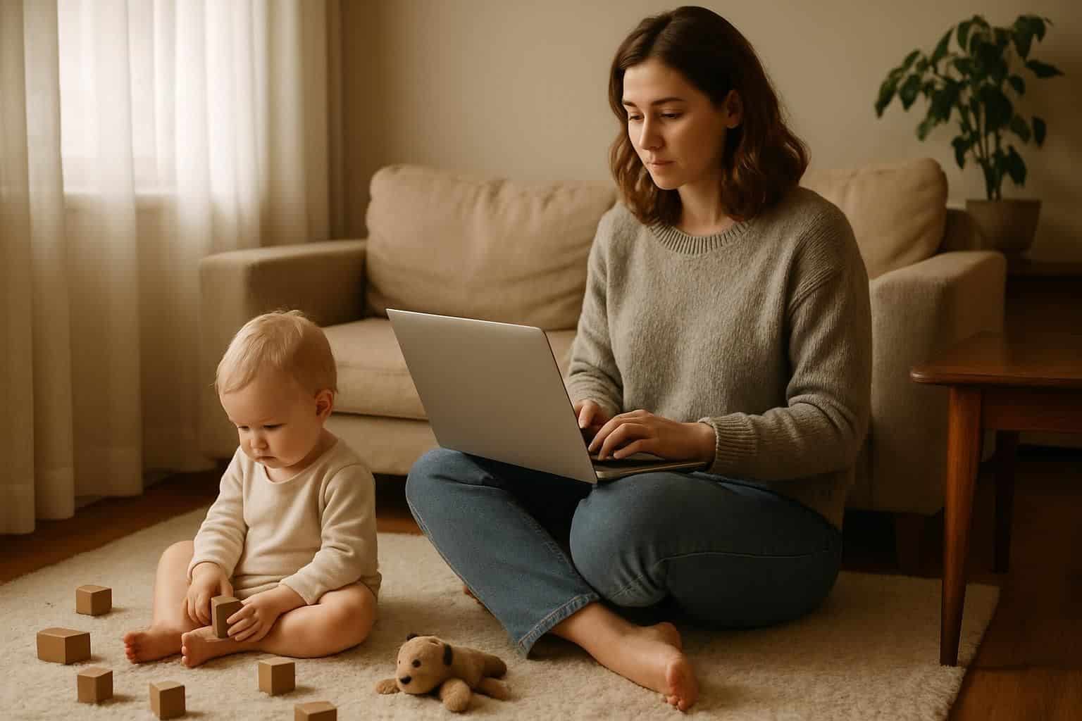 A mother works on a laptop while her toddler plays in a cozy living room. A mother works on a laptop while her toddler plays in a cozy living room.