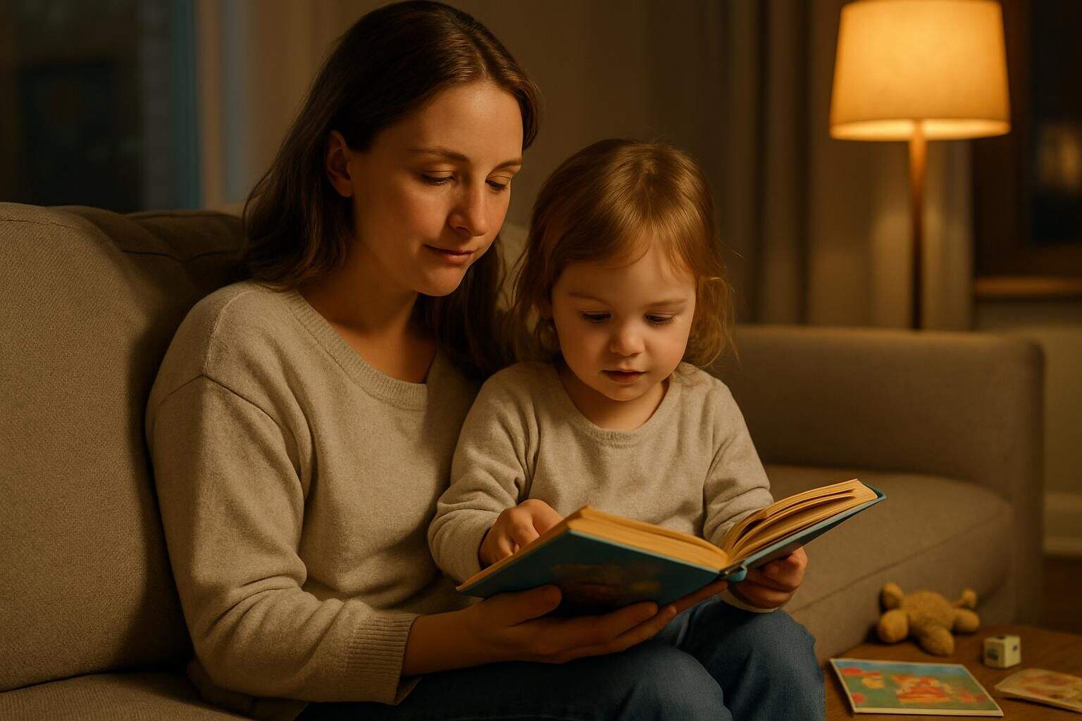 A mother and young daughter sit on a cozy couch, reading a book together in a warm, inviting living room. A mother and young daughter sit on a cozy couch, reading a book together in a warm, inviting living room.
