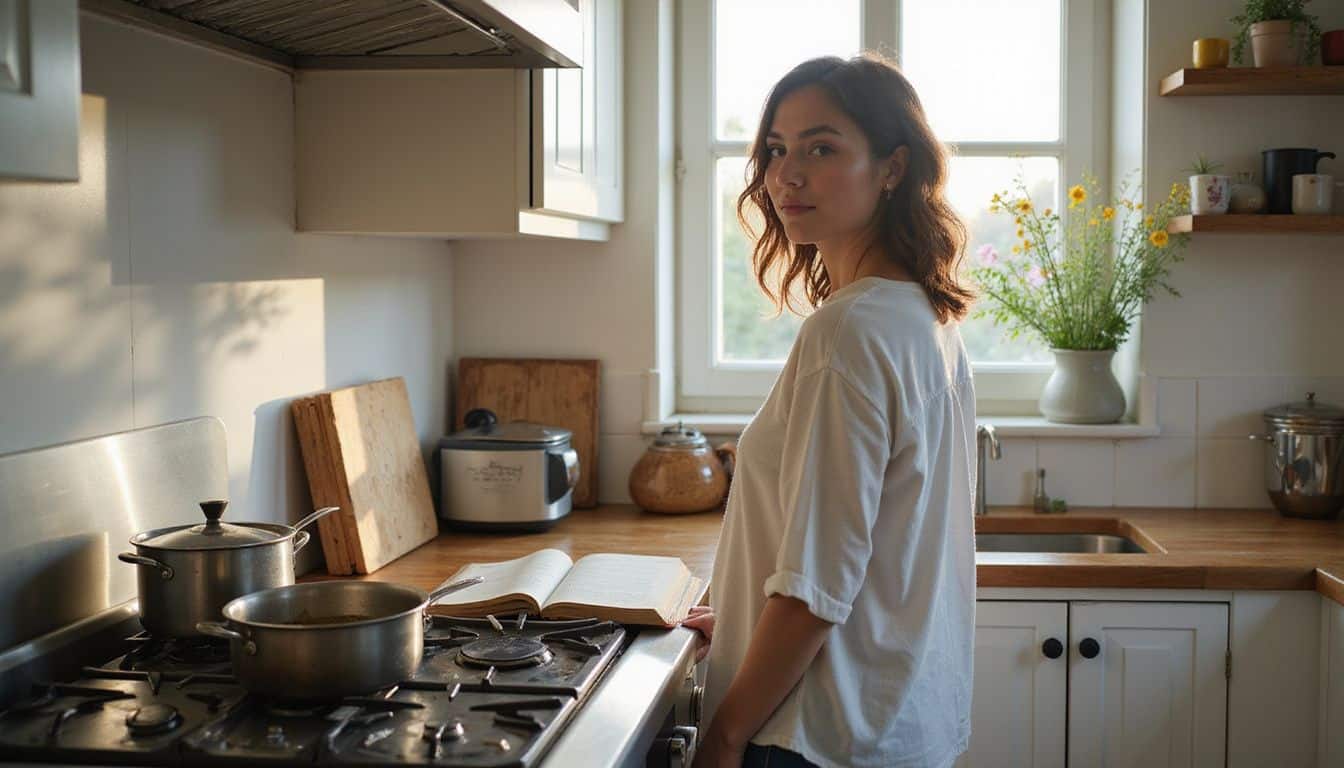 A cozy, well-loved kitchen with a cluttered stove, open cookbook, and person standing thoughtfully. A cozy, well-loved kitchen with a cluttered stove, open cookbook, and person standing thoughtfully.