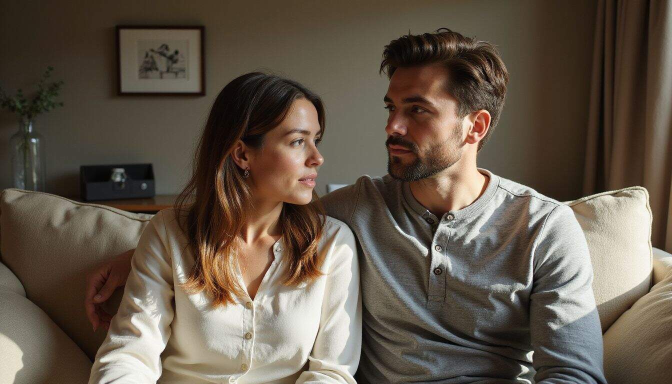A man and woman in their 30s engage in a genuine, intimate conversation on a cozy couch. A man and woman in their 30s engage in a genuine, intimate conversation on a cozy couch.