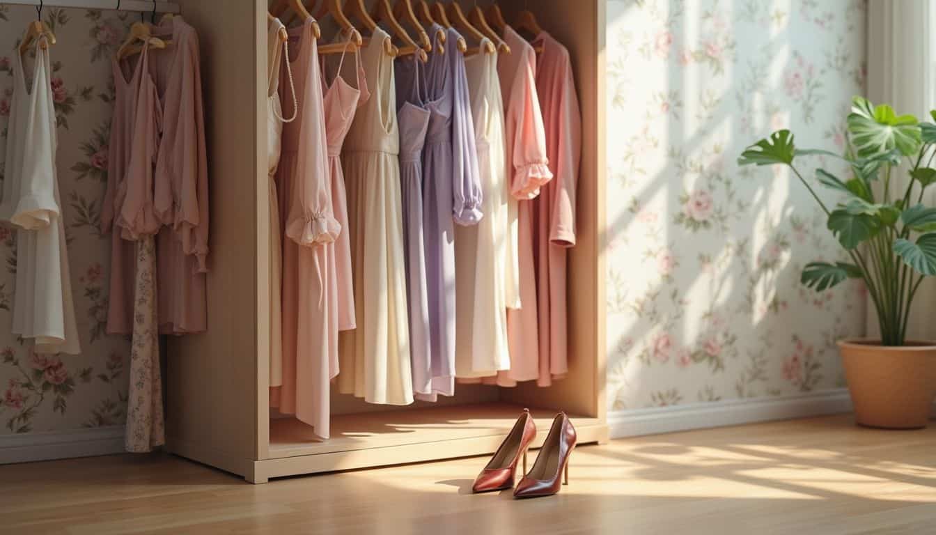 A well-organized wardrobe filled with feminine clothing and elegant high heels in a pastel-hued room. A well-organized wardrobe filled with feminine clothing and elegant high heels in a pastel-hued room.