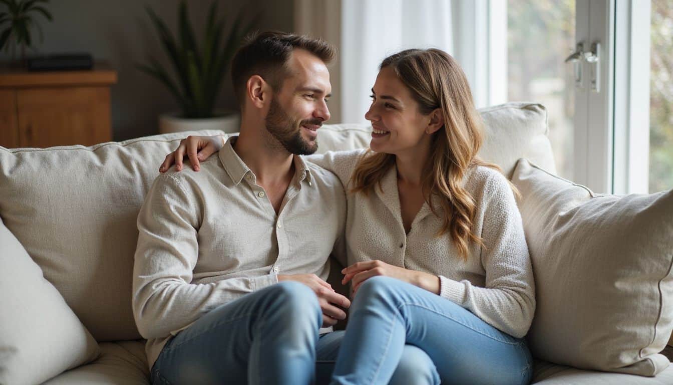 A couple in their 30s sits closely together on a plush sofa, sharing a tender, intimate moment in their modern living room. A couple in their 30s sits closely together on a plush sofa, sharing a tender, intimate moment in their modern living room.