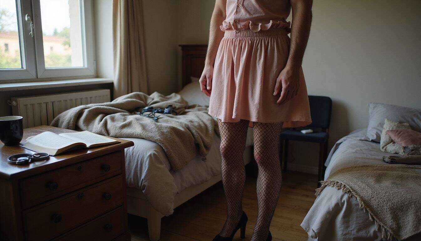 A 35-year-old man stands confidently in a pink dress and fishnet stockings, in a lived-in bedroom. A 35-year-old man stands confidently in a pink dress and fishnet stockings, in a lived-in bedroom.