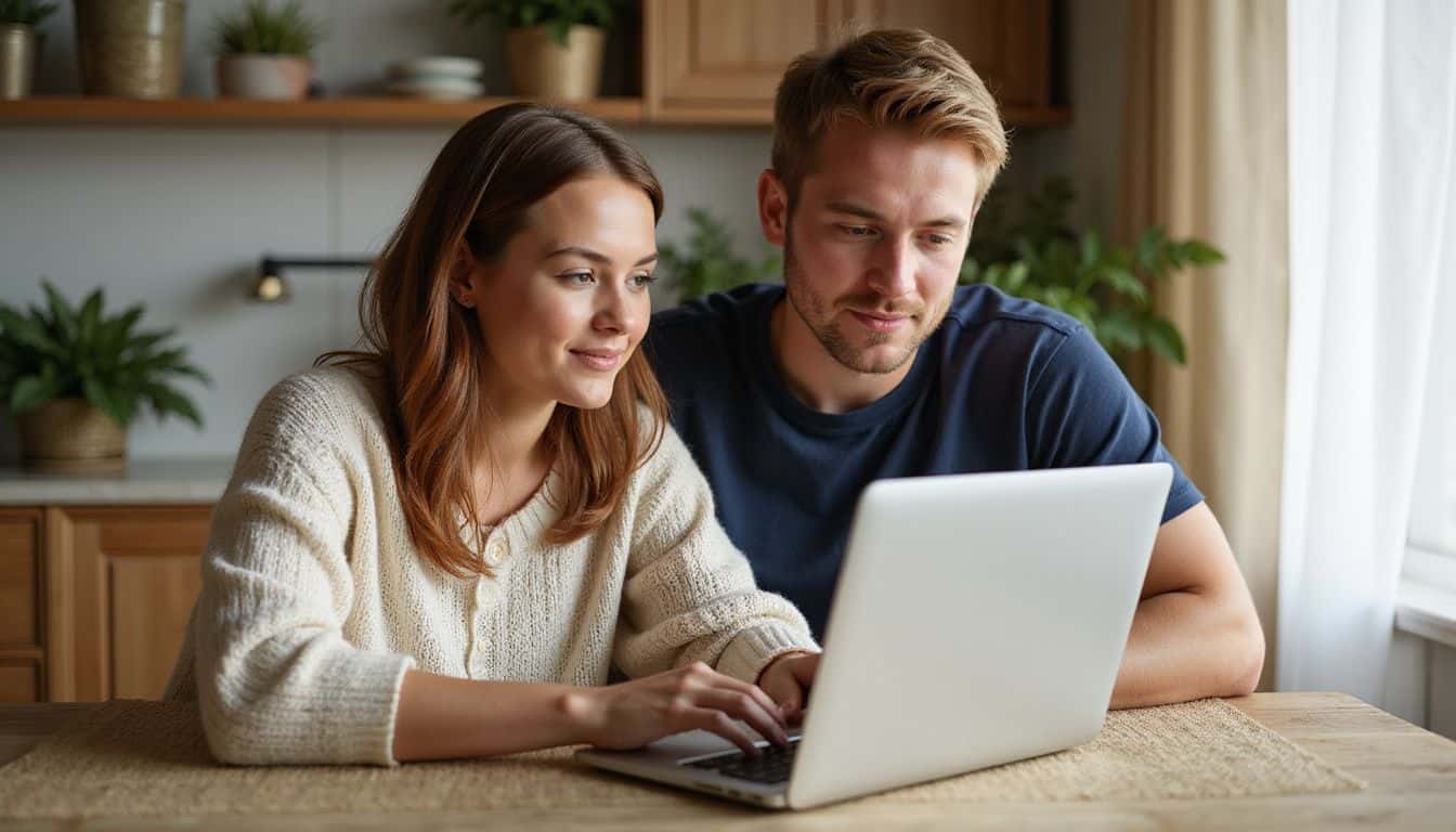 A couple in their 30s sitting at a dining table, casually discussing sissy husband lifestyle products on a laptop. A couple in their 30s sitting at a dining table, casually discussing sissy husband lifestyle products on a laptop.