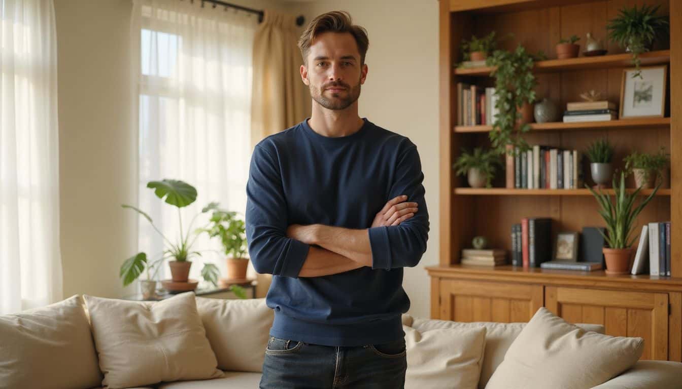 A well-dressed man in his 30s stands in a warmly lit, cozy living room. A well-dressed man in his 30s stands in a warmly lit, cozy living room.
