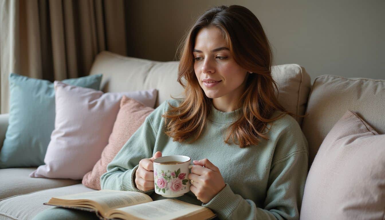 A woman in a green sweater sits on a cream couch, reading and sipping tea. A woman in a green sweater sits on a cream couch, reading and sipping tea.