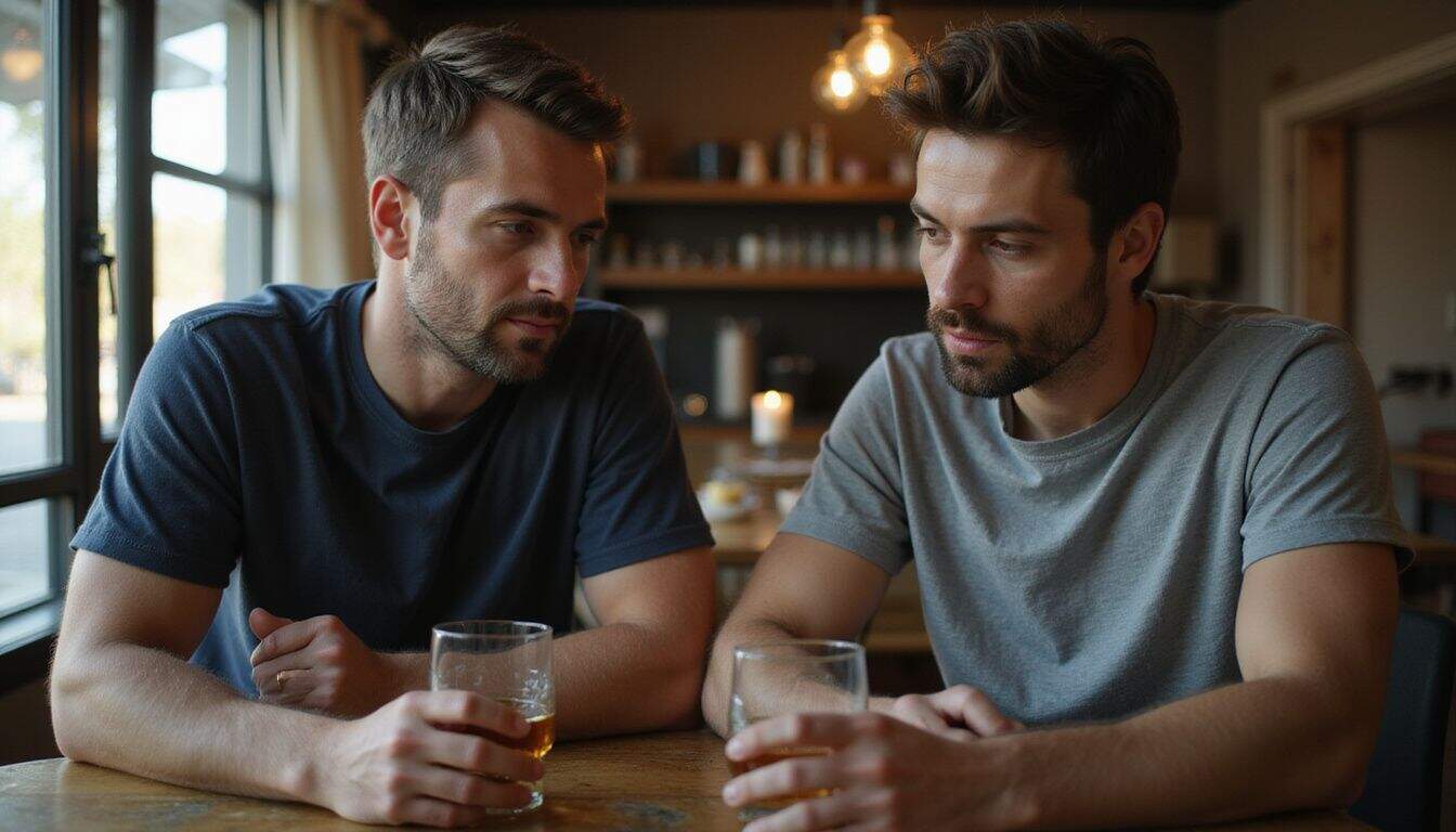 A man and a friend sit at a bar, sharing an intimate moment over glasses of whiskey. A man and a friend sit at a bar, sharing an intimate moment over glasses of whiskey.