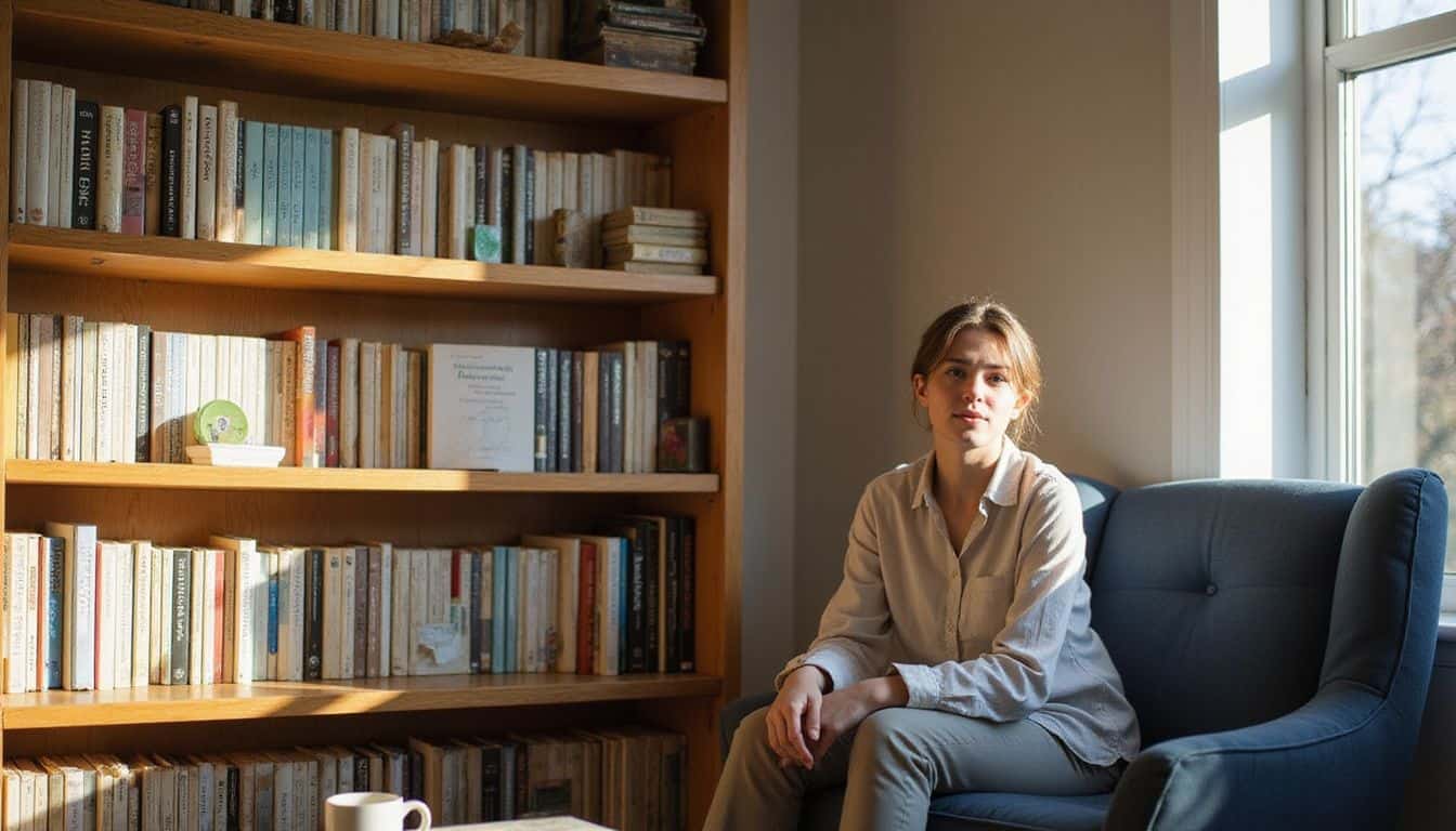 A cozy, sunlit room filled with well-loved books and a comfortable armchair, creating a peaceful space for personal growth and reflection. A cozy, sunlit room filled with well-loved books and a comfortable armchair, creating a peaceful space for personal growth and reflection.