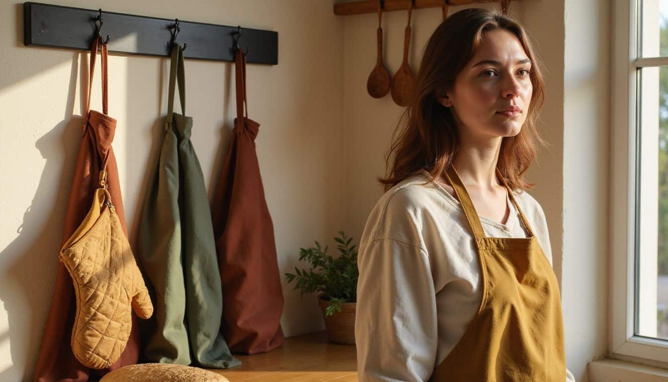 A cozy kitchen corner with hanging aprons, oven mitts, and wooden spoons in warm, earthy tones. A cozy kitchen corner with hanging aprons, oven mitts, and wooden spoons in warm, earthy tones.