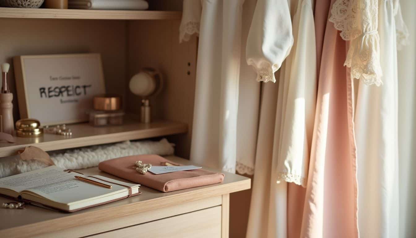 A neatly organized closet with carefully arranged clothing, makeup items, and accessories, accompanied by a 'Respect Boundaries' sign and a safe word card. A neatly organized closet with carefully arranged clothing, makeup items, and accessories, accompanied by a 'Respect Boundaries' sign and a safe word card.
