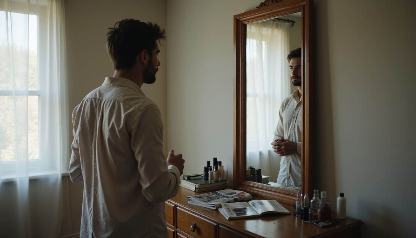 A man in his 30s stands before a mirror in a feminine blouse, conveying vulnerability. A man in his 30s stands before a mirror in a feminine blouse, conveying vulnerability.