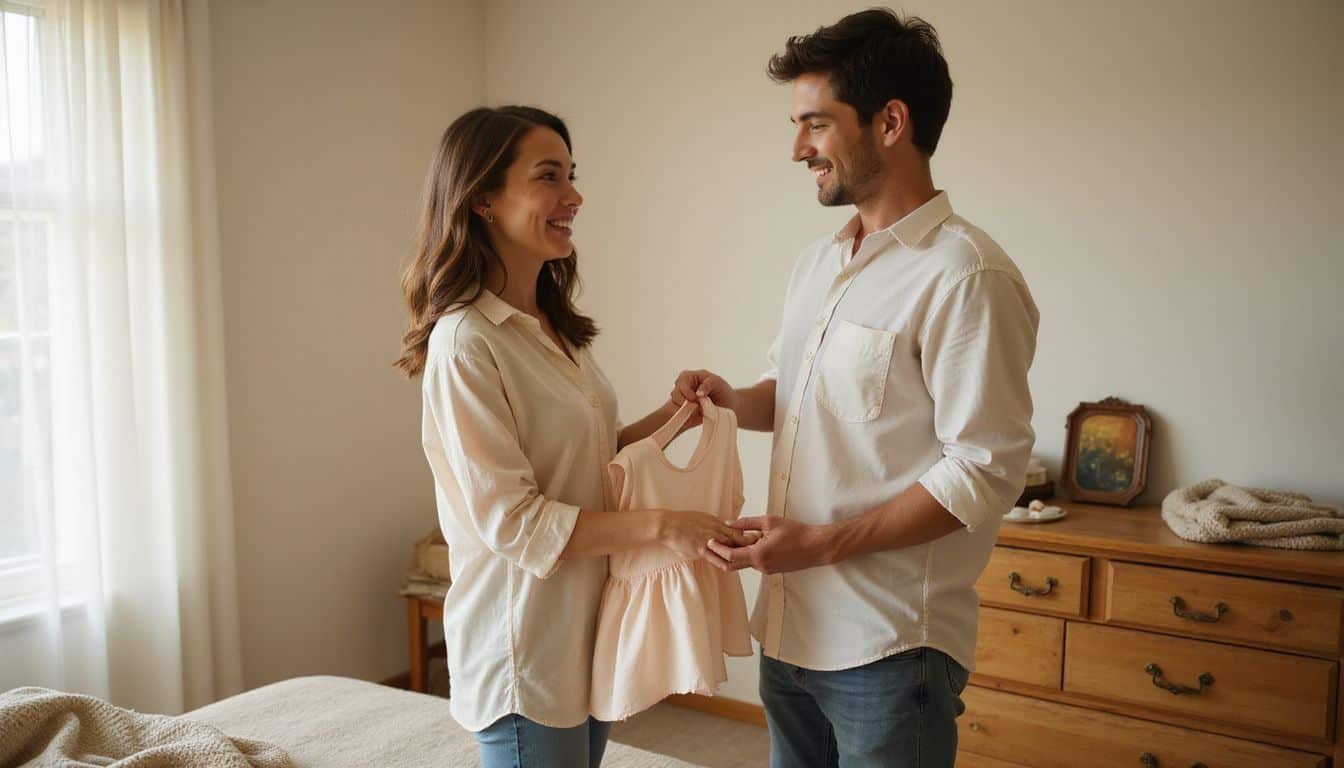 A couple stands in a cozy bedroom, holding a delicate blouse and sharing a warm, affectionate moment. A couple stands in a cozy bedroom, holding a delicate blouse and sharing a warm, affectionate moment.
