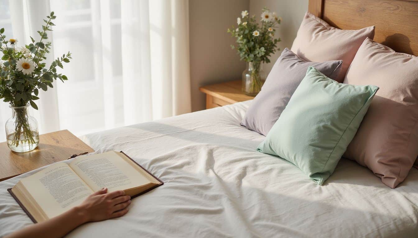 A neatly made bed with pastel pillows, fresh flowers and a book on personal growth. A neatly made bed with pastel pillows, fresh flowers and a book on personal growth.