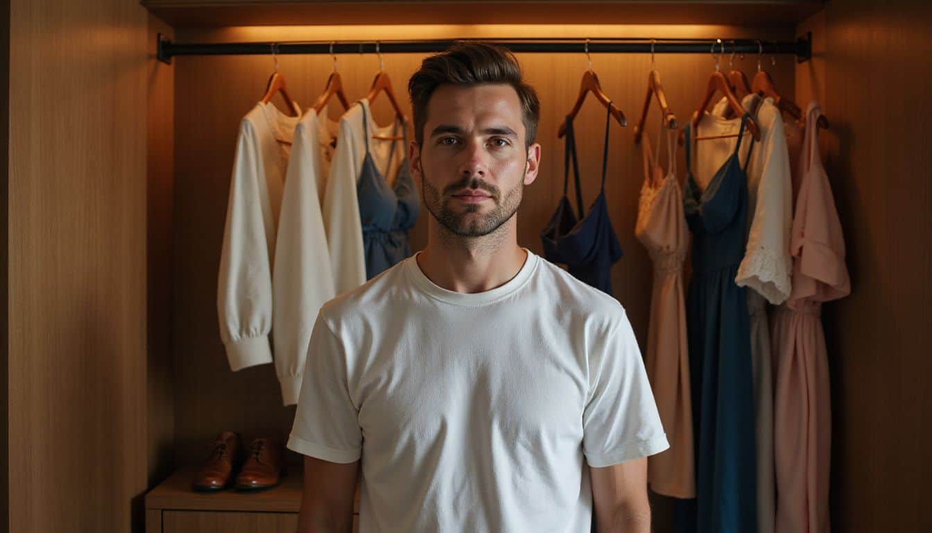 A man stands in front of an open closet filled with various types of clothing and accessories. A man stands in front of an open closet filled with various types of clothing and accessories.