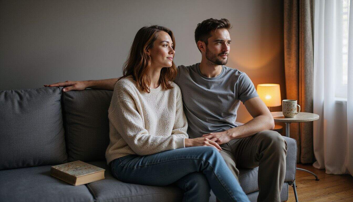 A couple in their 30s sits closely on a gray plush couch, engrossed in a thoughtful conversation. A couple in their 30s sits closely on a gray plush couch, engrossed in a thoughtful conversation.