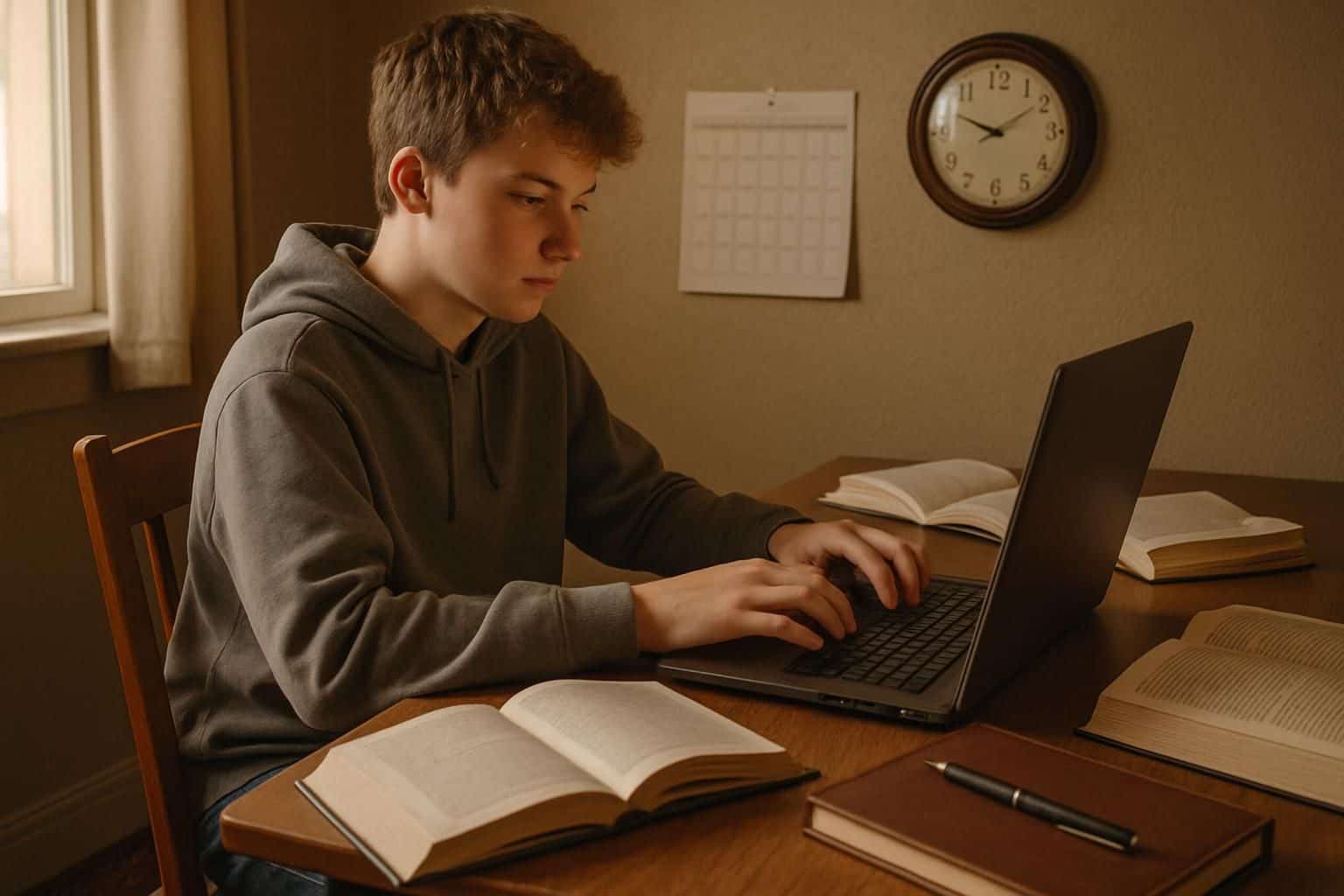A teenage boy studying and working in a cozy home office with books and a laptop. A teenage boy studying and working in a cozy home office with books and a laptop.