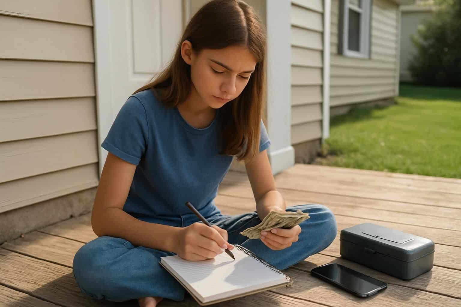 A teenage girl sits on a porch, counting money and taking notes, with a phone and toolbox nearby. A teenage girl sits on a porch, counting money and taking notes, with a phone and toolbox nearby.