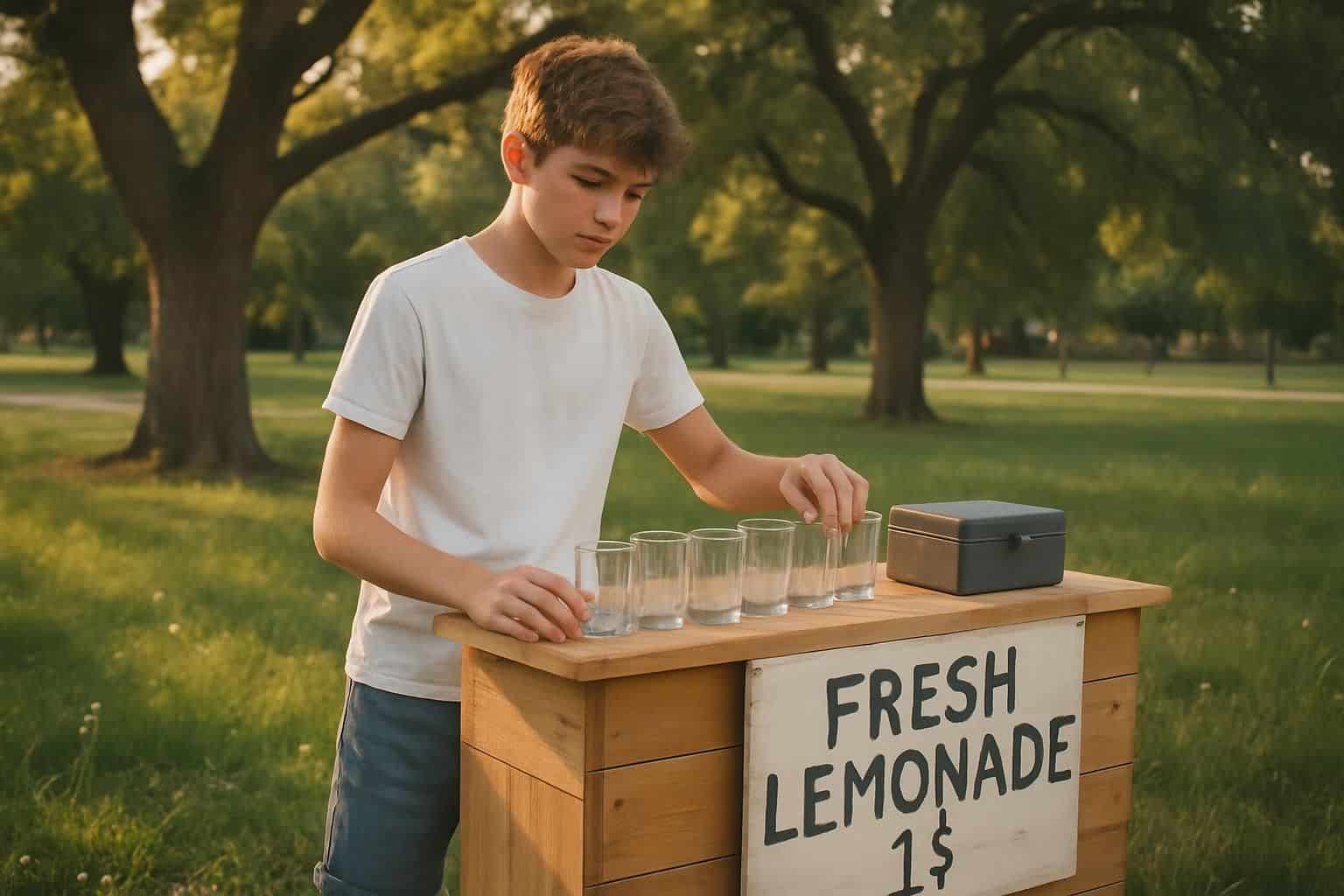A teenage boy sets up a homemade lemonade stand in a sunny neighborhood park. A teenage boy sets up a homemade lemonade stand in a sunny neighborhood park.