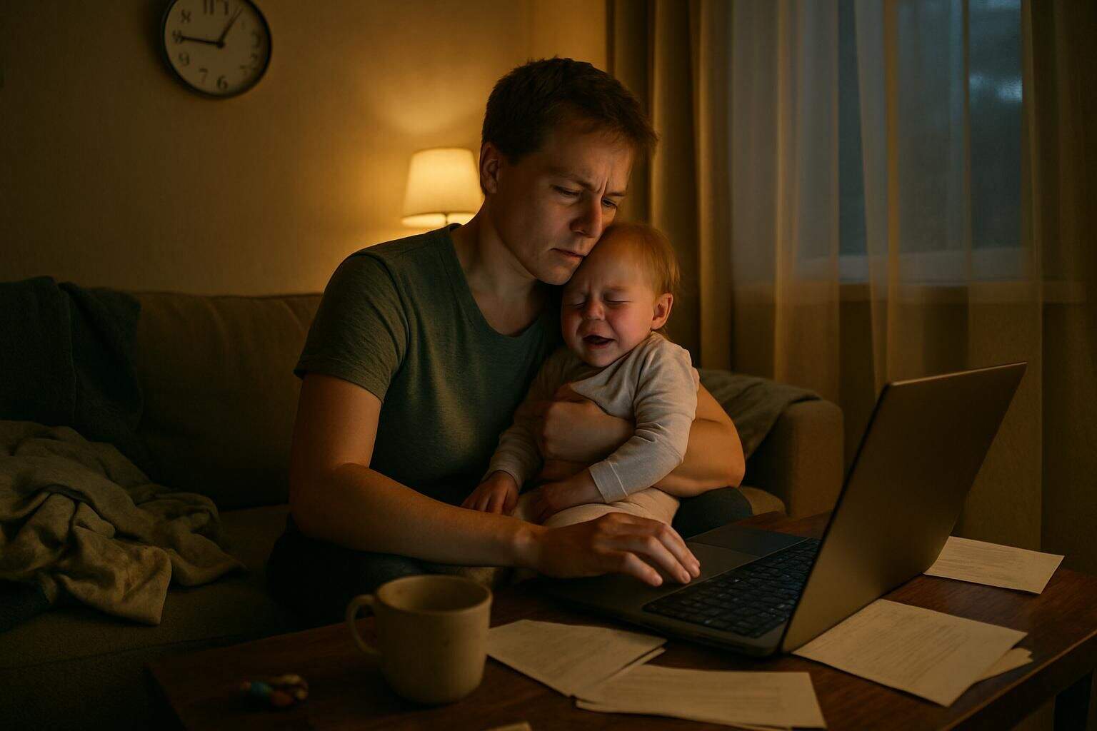 A tired parent struggles with a crying toddler while balancing work and household responsibilities in a cluttered living room. A tired parent struggles with a crying toddler while balancing work and household responsibilities in a cluttered living room.