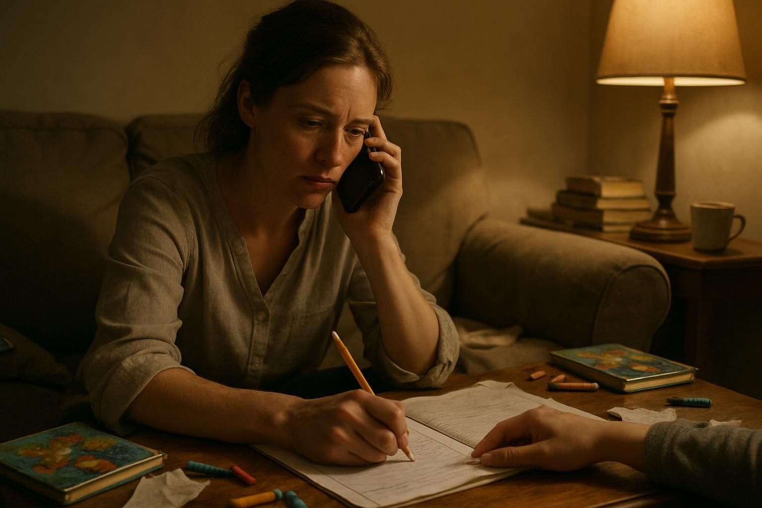 A focused mother multitasks, helping her daughter with homework while on a work call. A focused mother multitasks, helping her daughter with homework while on a work call.