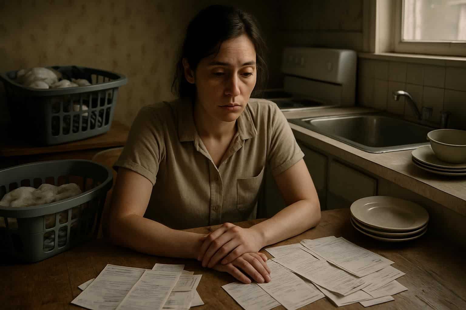 A tired woman sits at a cluttered kitchen table, surrounded by bills, laundry, and dishes. A tired woman sits at a cluttered kitchen table, surrounded by bills, laundry, and dishes.
