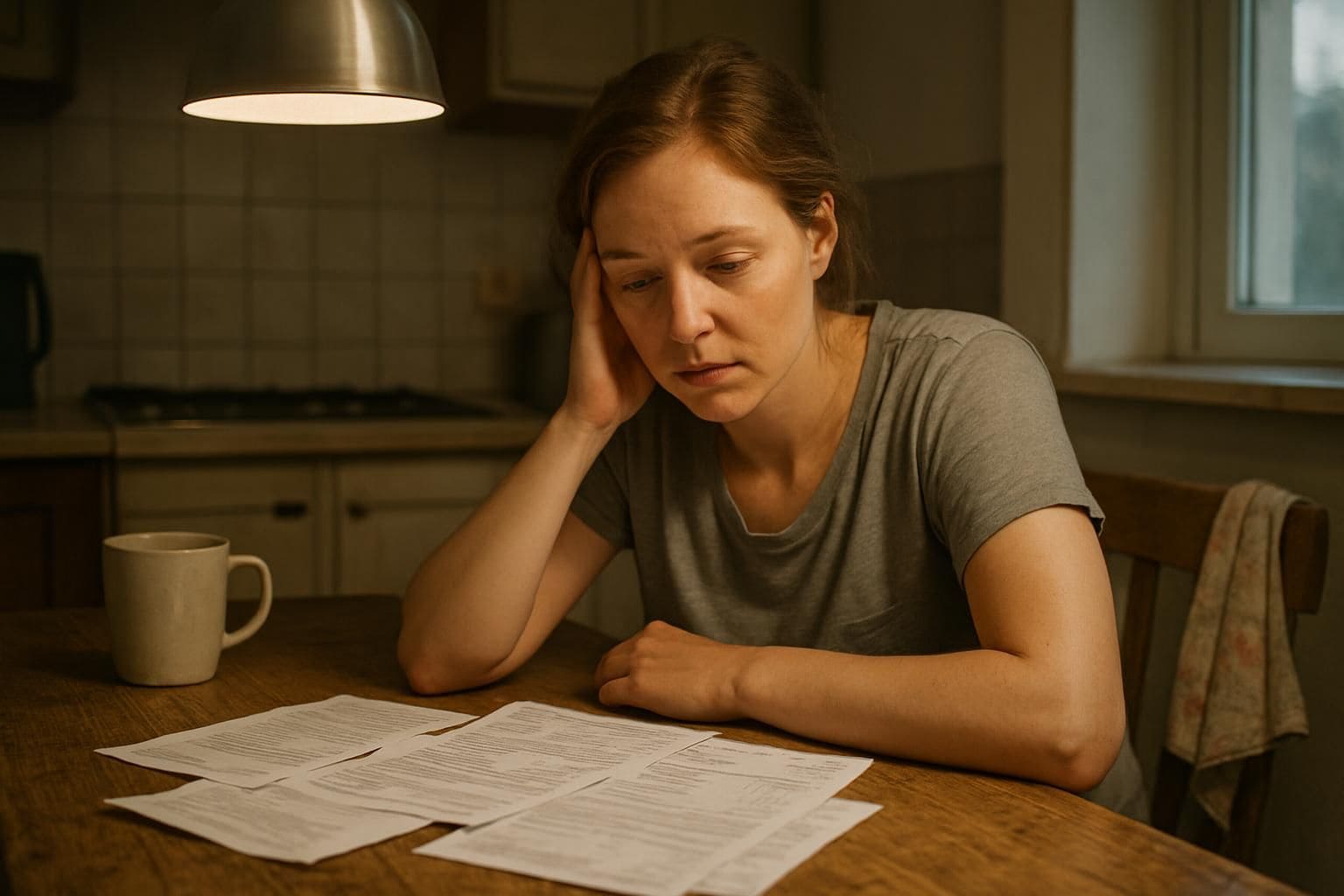 A tired woman in her 30s sits at a worn kitchen table, surrounded by bills, with a concerned expression on her face.