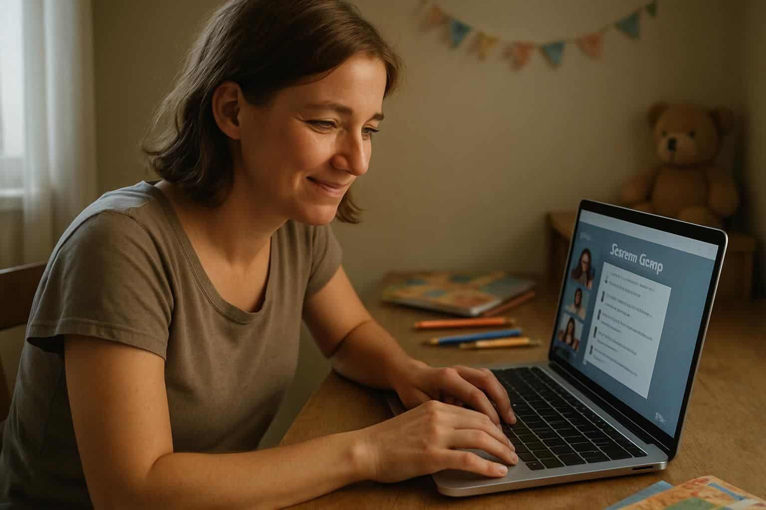 A woman in her 30s sits at a cluttered home office desk, working on a laptop with child-friendly decorations in the background. A woman in her 30s sits at a cluttered home office desk, working on a laptop with child-friendly decorations in the background.
