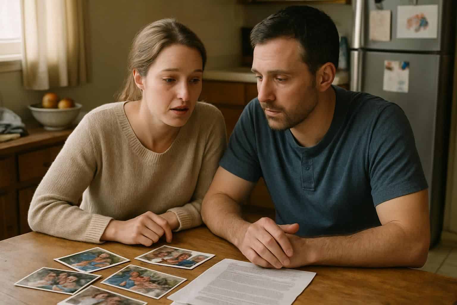 A couple discusses co-parenting and family at a cozy kitchen table with scattered photos and documents. A couple discusses co-parenting and family at a cozy kitchen table with scattered photos and documents.