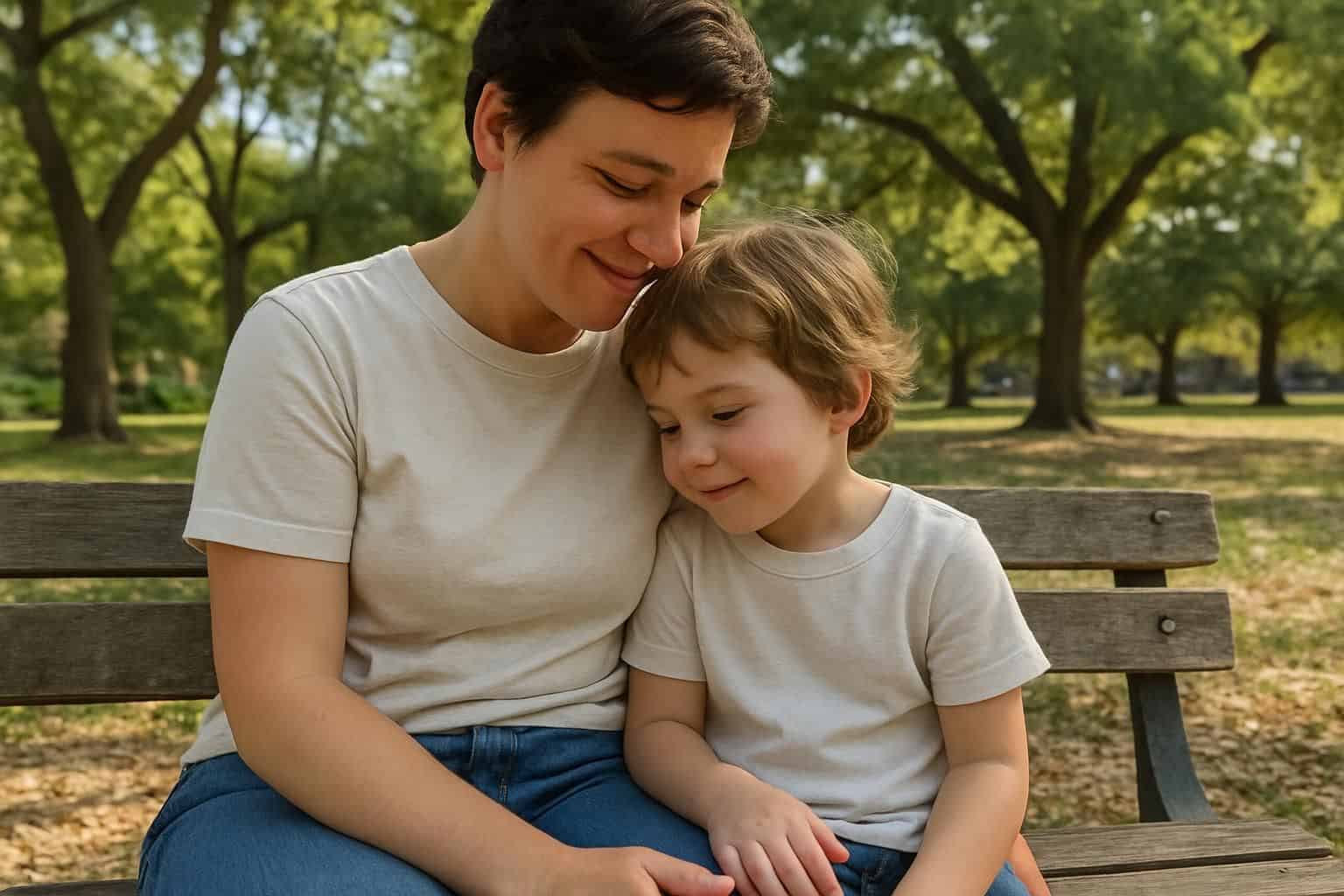 A single parent and young child share a sweet moment of connection on a park bench. A single parent and young child share a sweet moment of connection on a park bench.