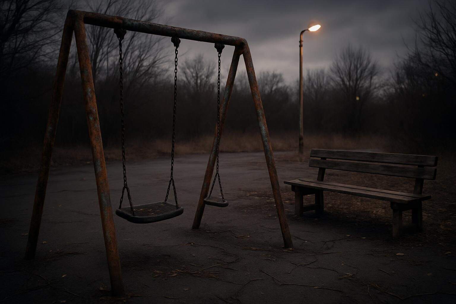 An abandoned playground with rusted swingset, weathered bench, flickering street lamp, and desolate atmosphere. An abandoned playground with rusted swingset, weathered bench, flickering street lamp, and desolate atmosphere.