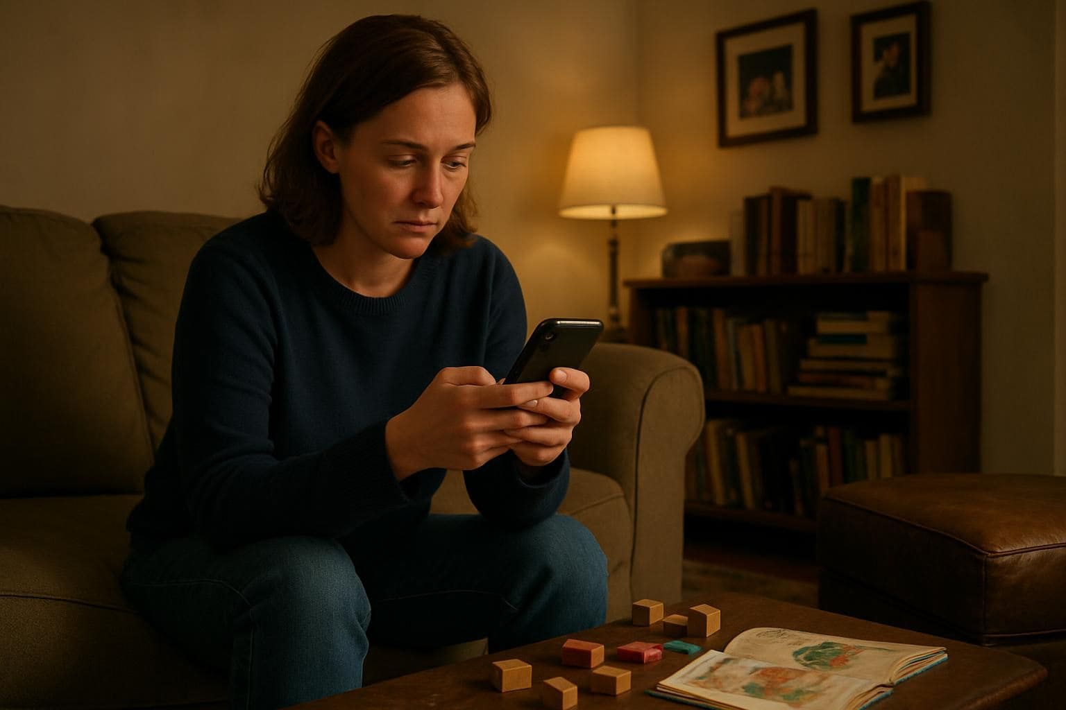 A woman in her 30s sits on a sofa, scrolling on her phone in a cluttered living room. A woman in her 30s sits on a sofa, scrolling on her phone in a cluttered living room.
