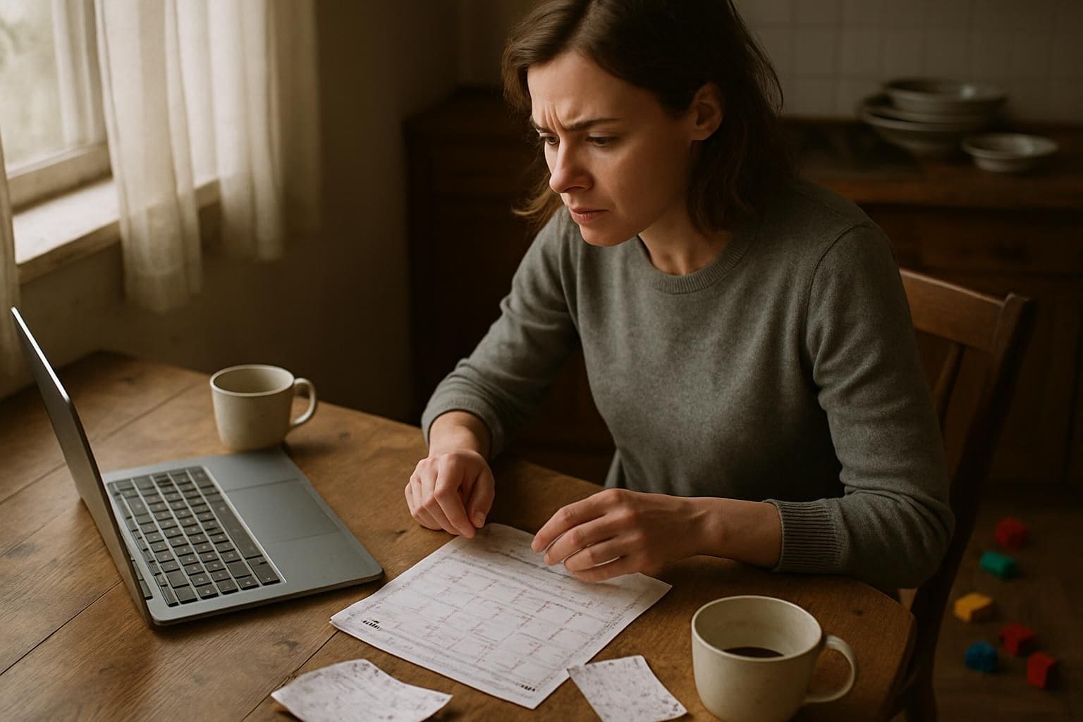 A woman in her thirties sits at a cluttered kitchen table, looking stressed and overwhelmed. A woman in her thirties sits at a cluttered kitchen table, looking stressed and overwhelmed.