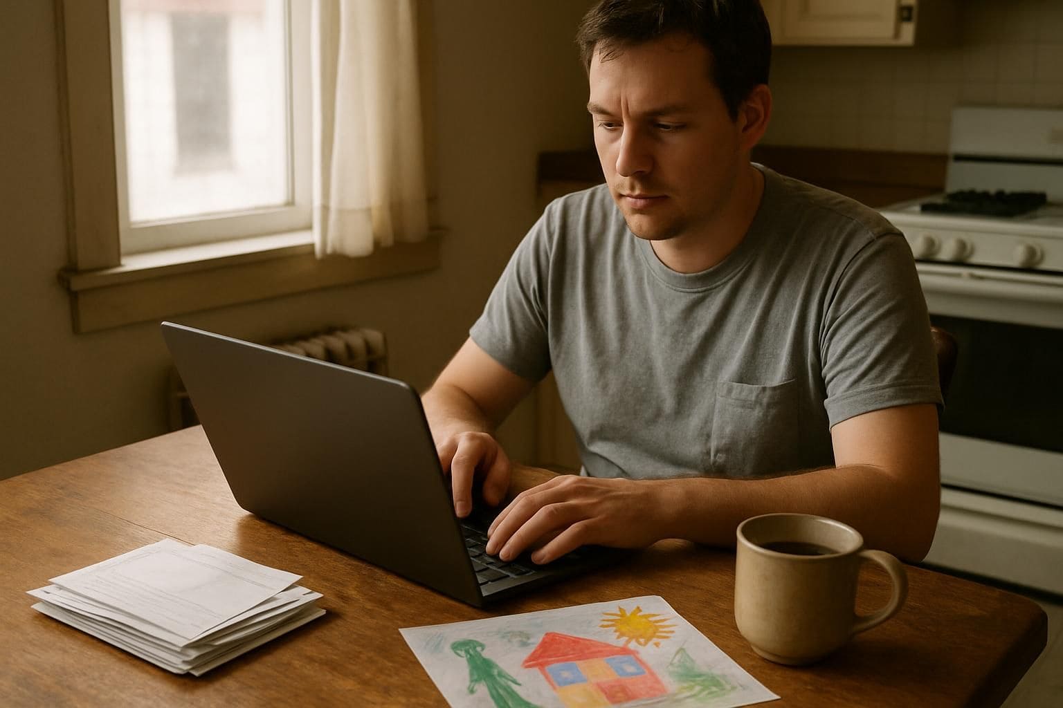 A solo parent works at a cluttered kitchen table in the morning light. A solo parent works at a cluttered kitchen table in the morning light.