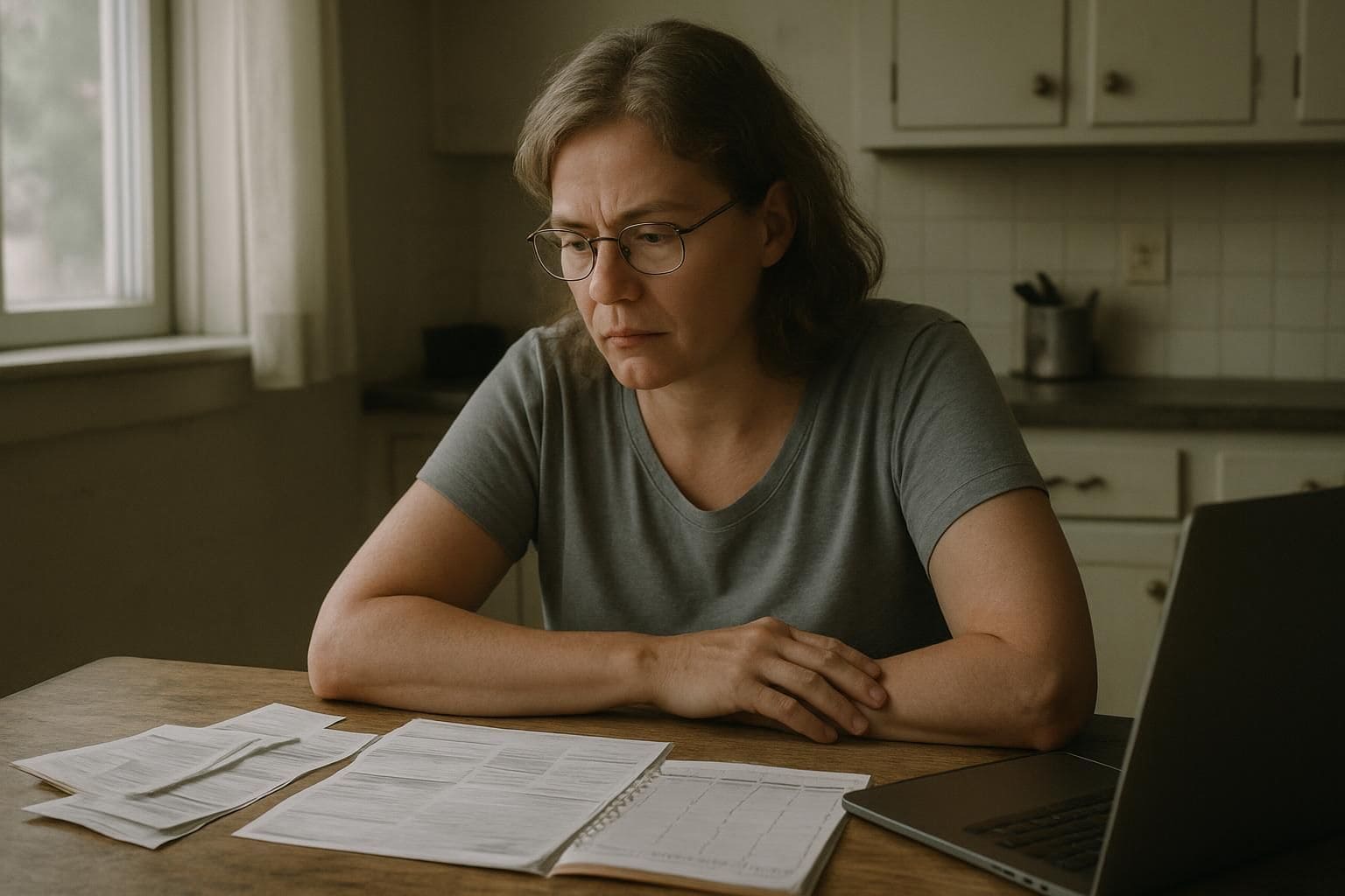A woman sits at a worn kitchen table, surrounded by bills, a laptop, and a calendar. A woman sits at a worn kitchen table, surrounded by bills, a laptop, and a calendar.