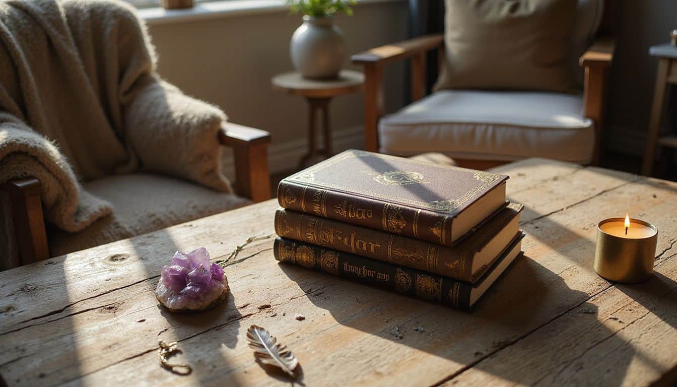 A cozy, sunlit reading nook with romantic fantasy novels, mystical trinkets, and a comfy chair. A cozy, sunlit reading nook with romantic fantasy novels, mystical trinkets, and a comfy chair.
