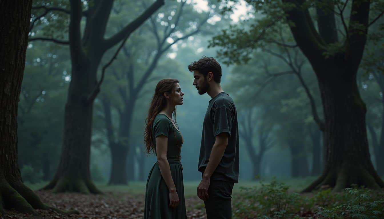 An elven woman and a human man stand together in a moonlit forest clearing, sharing an intimate moment. An elven woman and a human man stand together in a moonlit forest clearing, sharing an intimate moment.