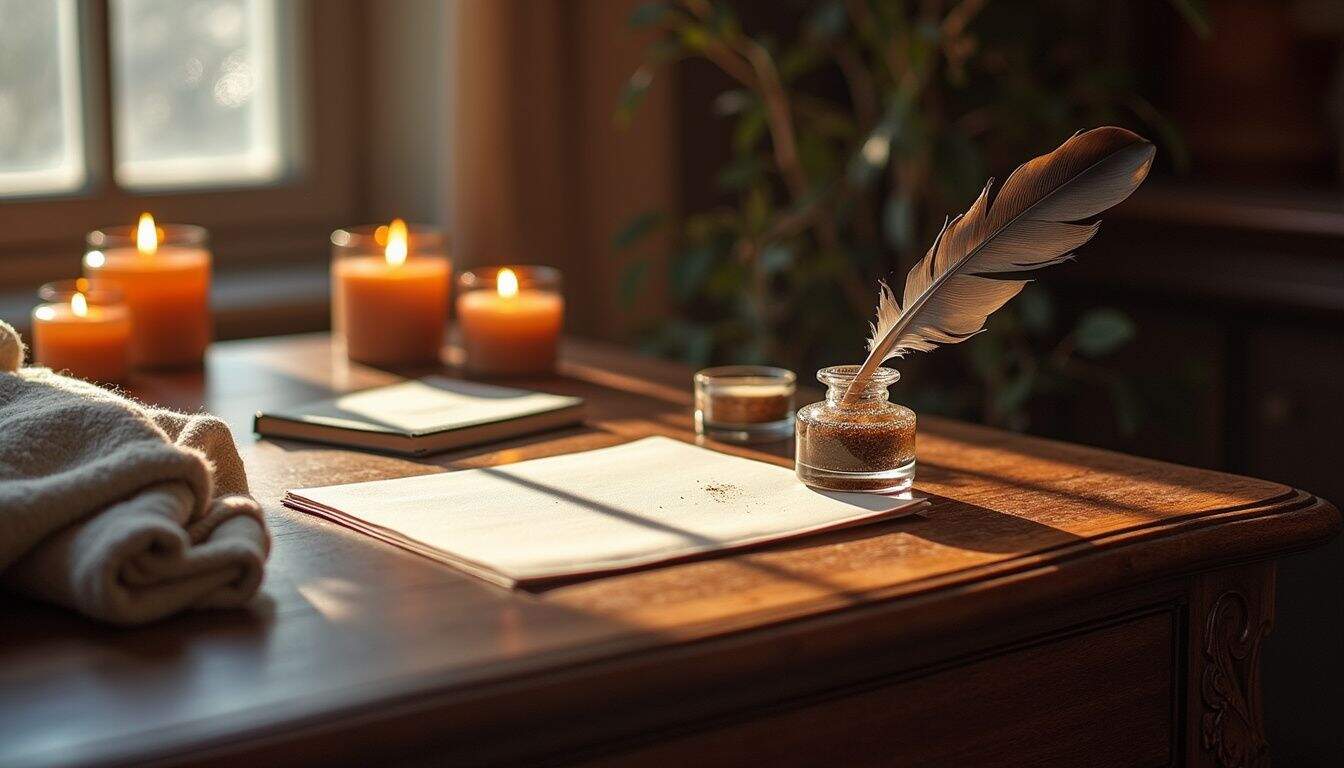 An elegant wooden desk with a quill pen, ink pot, and beeswax candles creates a tranquil workspace for thoughtful creation. An elegant wooden desk with a quill pen, ink pot, and beeswax candles creates a tranquil workspace for thoughtful creation.