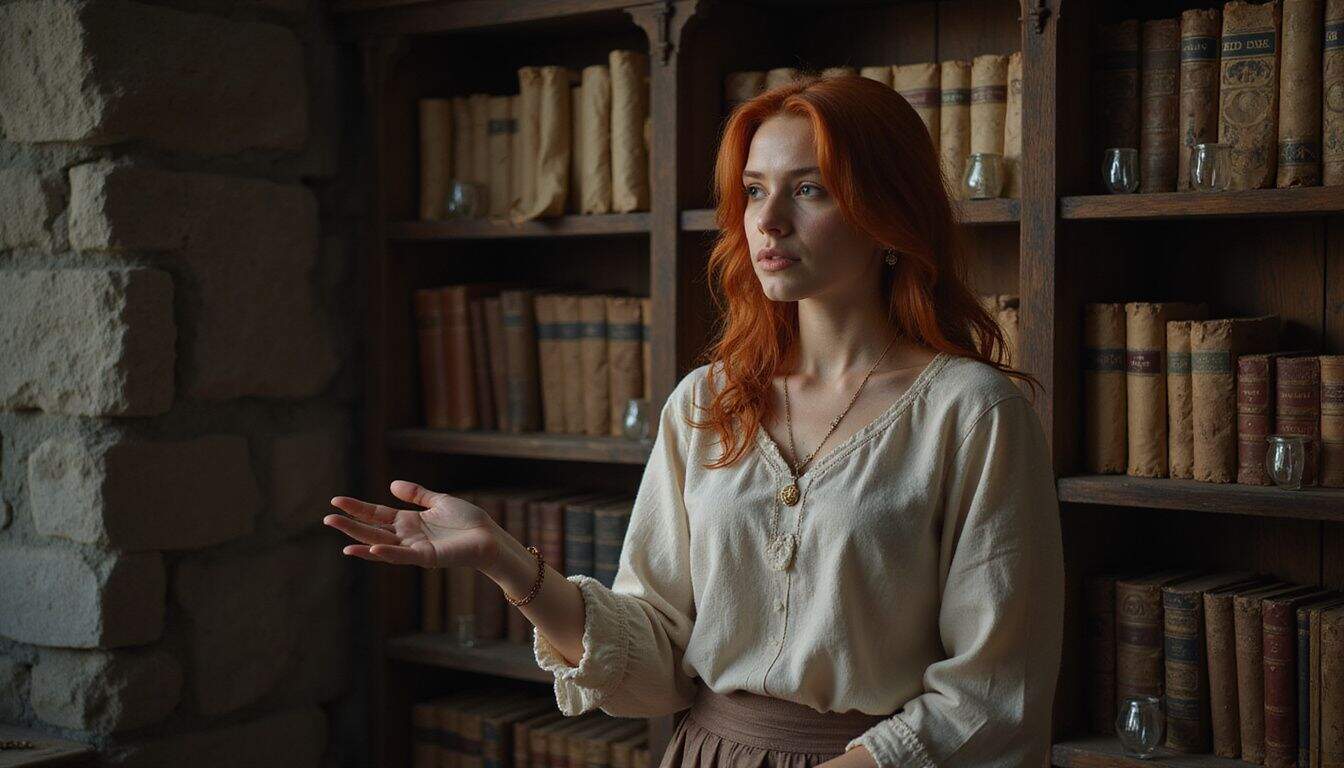 A focused young woman performs hand gestures in a medieval library filled with ancient scrolls and books. A focused young woman performs hand gestures in a medieval library filled with ancient scrolls and books.