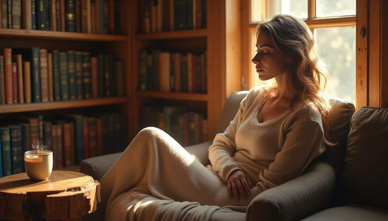 A cozy reading room with wooden bookshelves, a plush reading nook, and a woman enjoying tea. A cozy reading room with wooden bookshelves, a plush reading nook, and a woman enjoying tea.