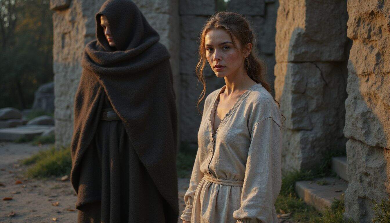 A young woman stands among ancient stone ruins at dusk, her expression conveying quiet contemplation. A young woman stands among ancient stone ruins at dusk, her expression conveying quiet contemplation.