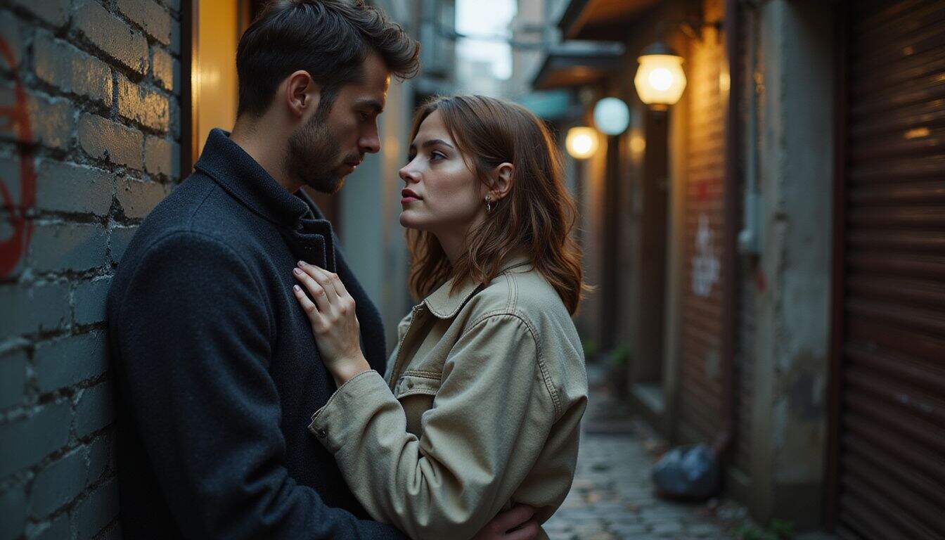 A young couple stands intimately in a dim urban alley, expressing raw emotion and connection. A young couple stands intimately in a dim urban alley, expressing raw emotion and connection.