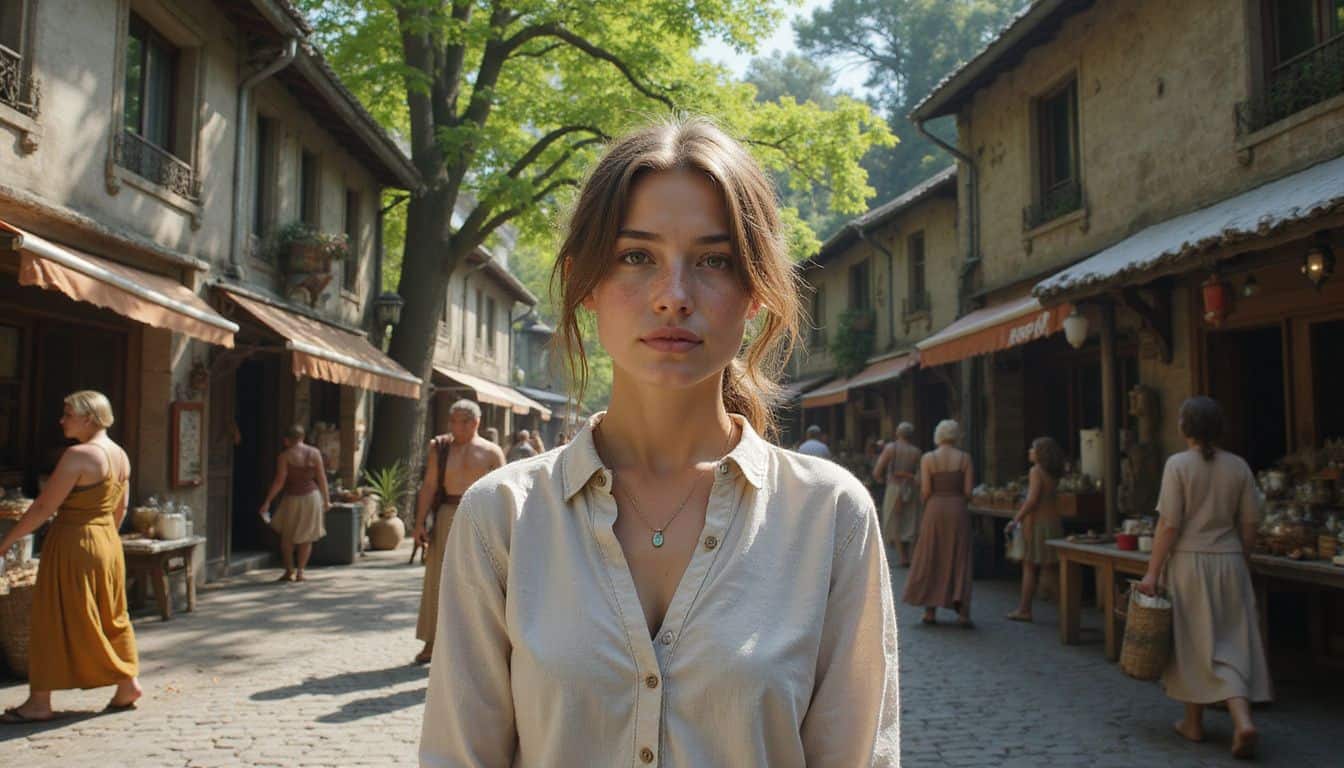 A young woman stands on a cobblestone street surrounded by magical beings and intricate, old-fashioned architecture in a bustling, otherworldly market scene. A young woman stands on a cobblestone street surrounded by magical beings and intricate, old-fashioned architecture in a bustling, otherworldly market scene.