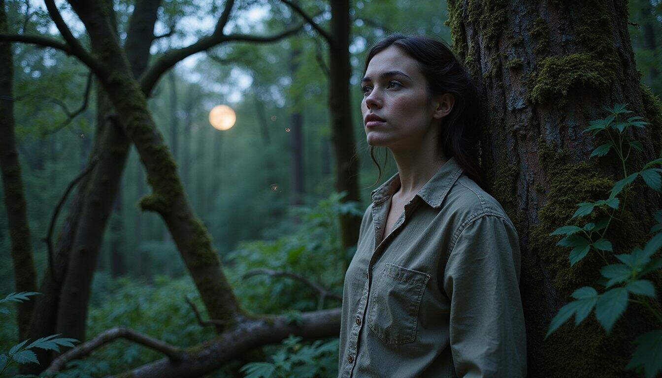 A person standing in a dense forest at dusk, surrounded by vibrant greenery and illuminated by the soft glow of the full moon. A person standing in a dense forest at dusk, surrounded by vibrant greenery and illuminated by the soft glow of the full moon.